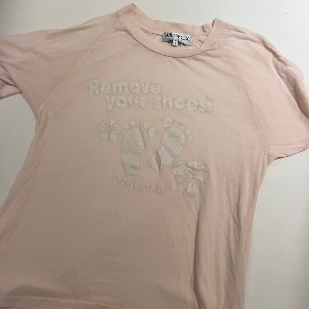 Wildfox Remove Your Shoes Graphic Raglan Tee Peach Pink S